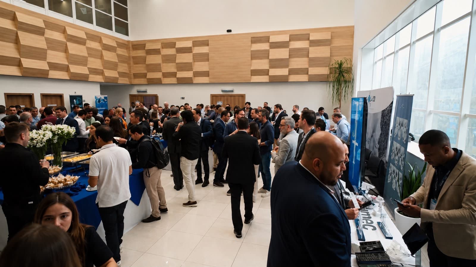 Participantes conversando entre os estandes dos parceiros no foyer do evento